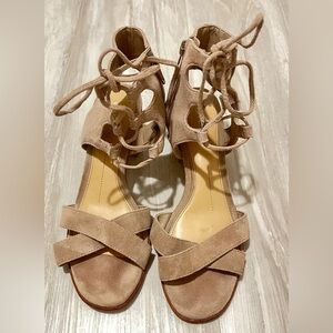 Gianni Bini Tan Suede Strappy Women's Sandals with Chunky Heel, Size 7.5